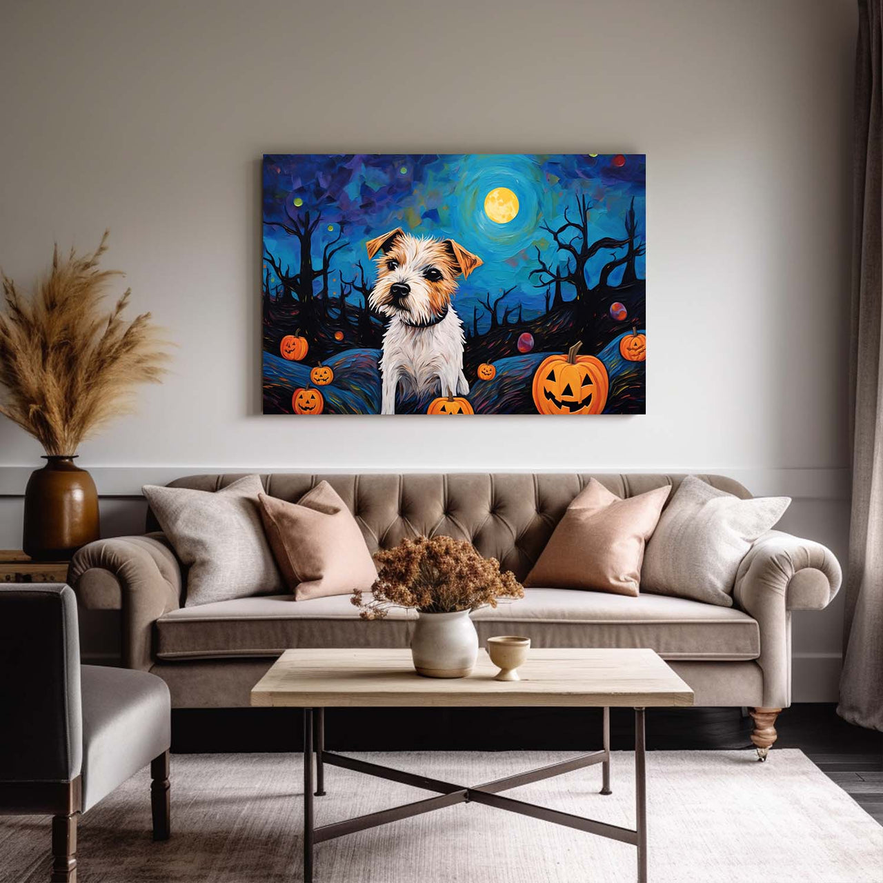 Russell Terriers Dog Halloween With Pumpkin Oil Painting Van Goh Style, Wooden Canvas Prints Wall Art Painting , Canvas 3d Art