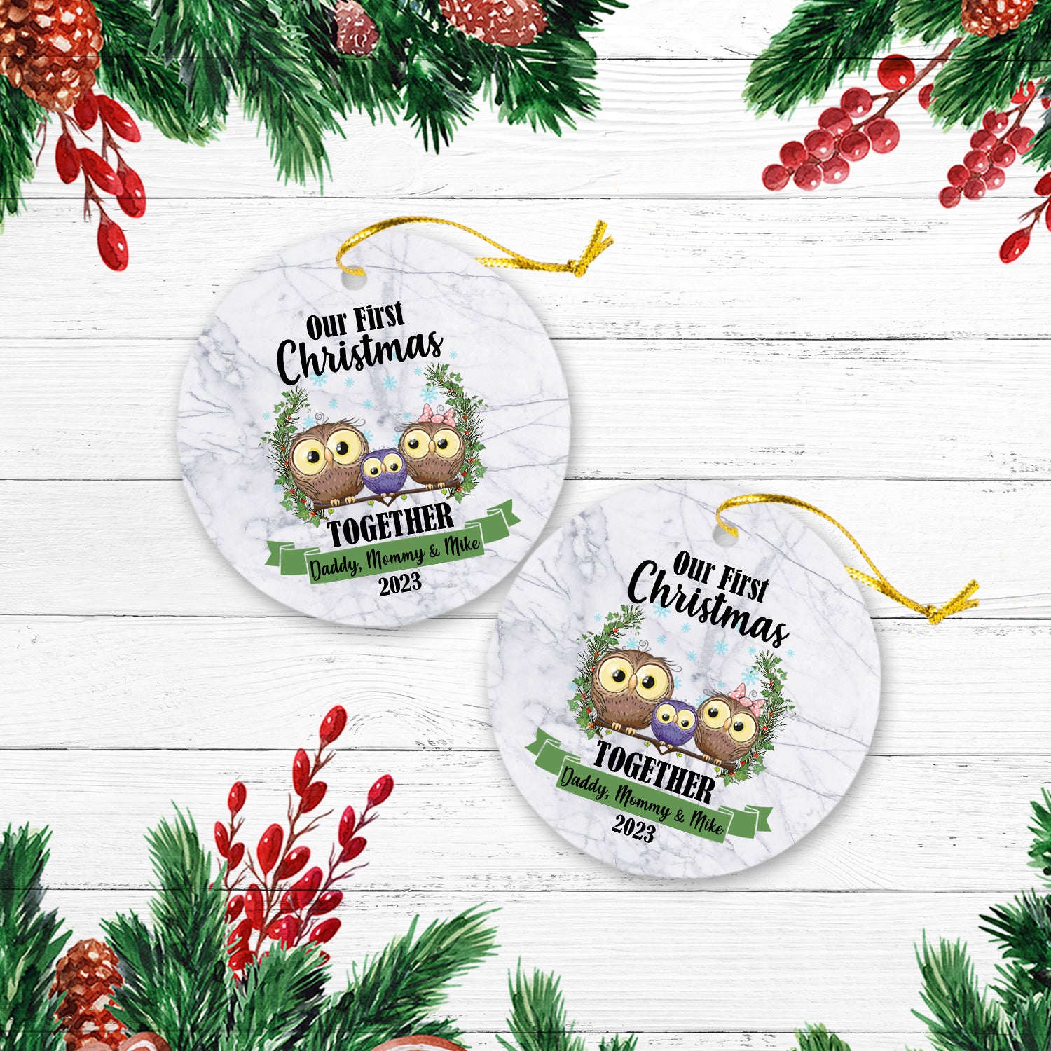 Our First Christmas Together With Family Cute Animals Version Owl Personalized Christmas Premium Ceramic Ornaments