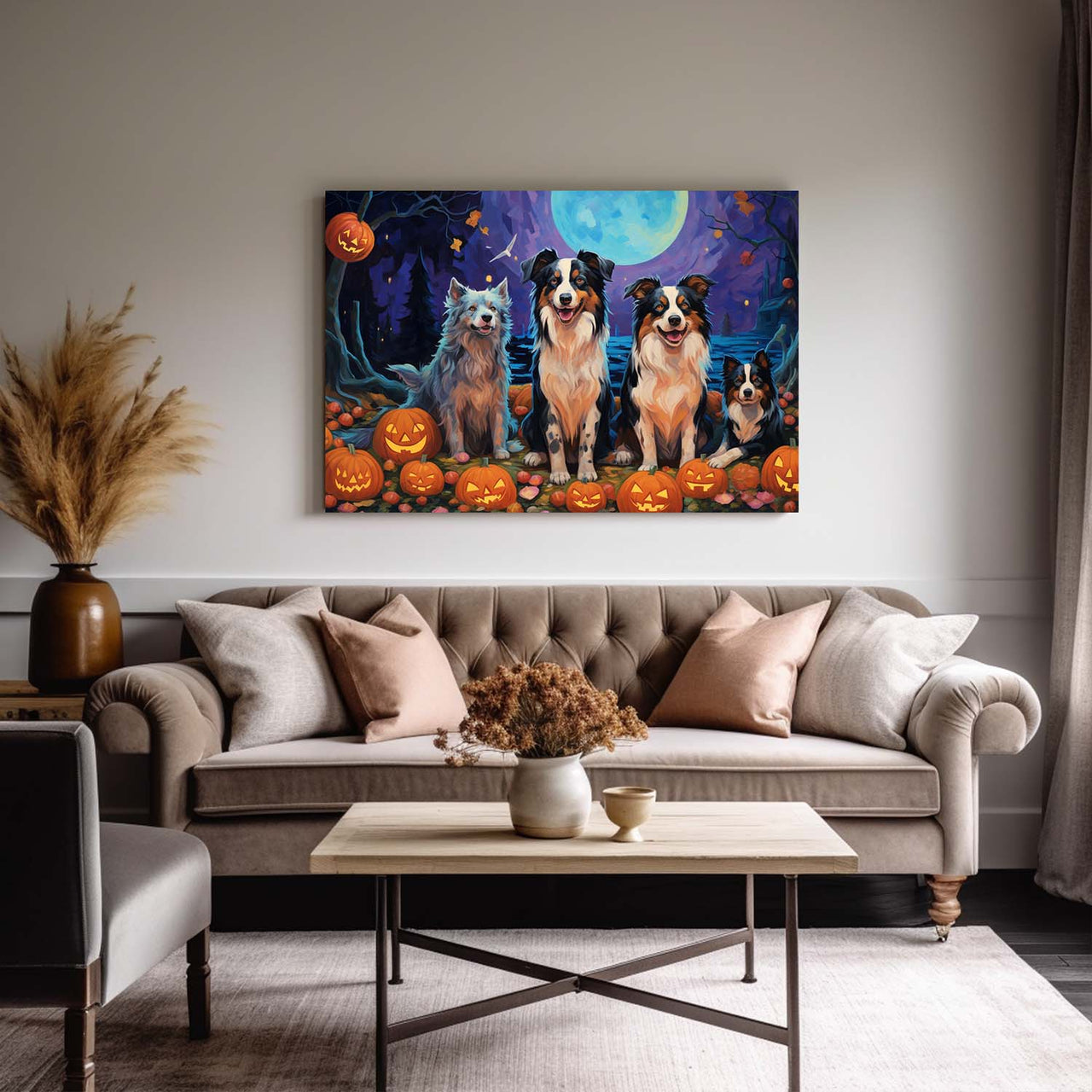 Miniature American Shepherds Dog 01 Halloween With Pumpkin Oil Painting Van Goh Style, Wooden Canvas Prints Wall Art Painting , Canvas 3d Art
