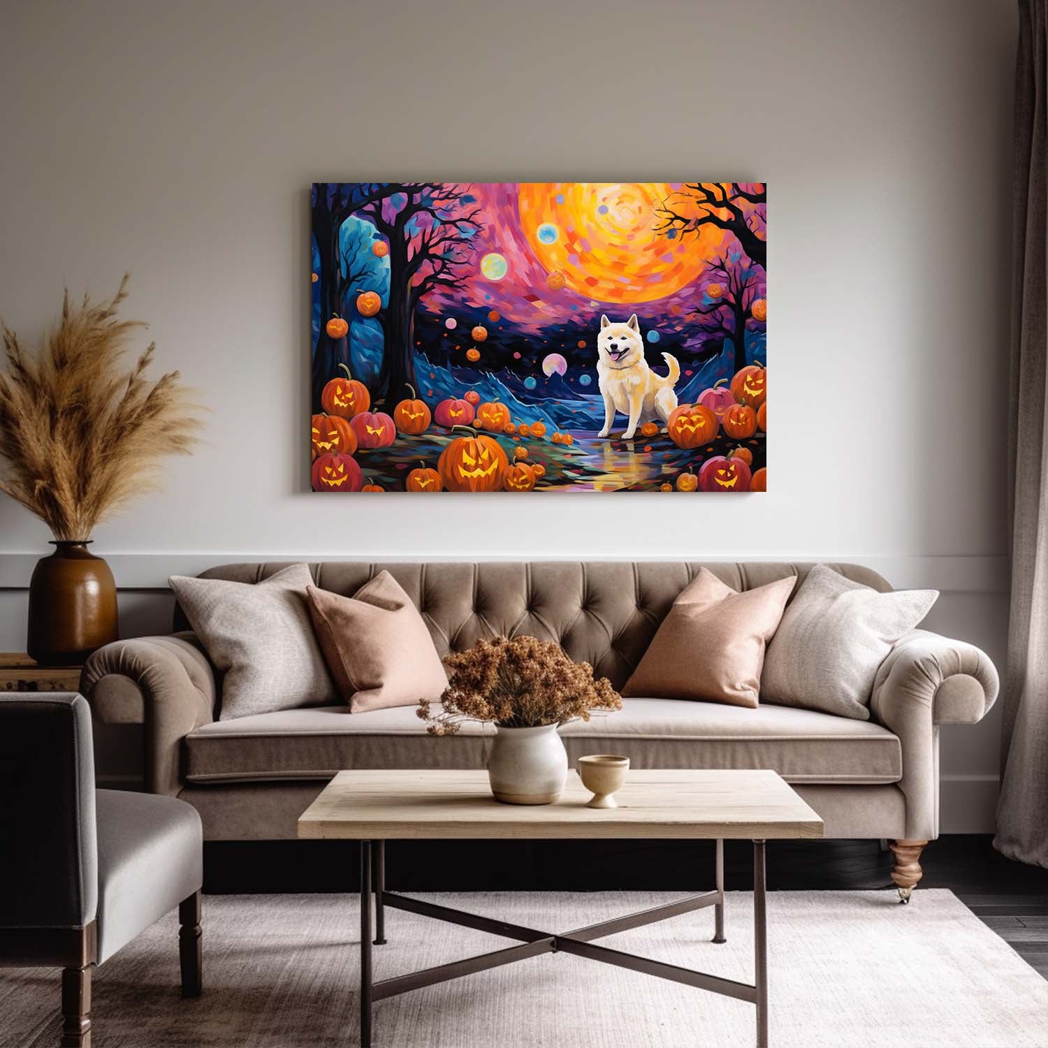 Akita Dog 01 Halloween With Pumpkin Oil Painting Van Goh Style, Wooden Canvas Prints Wall Art Painting , Canvas 3d Art