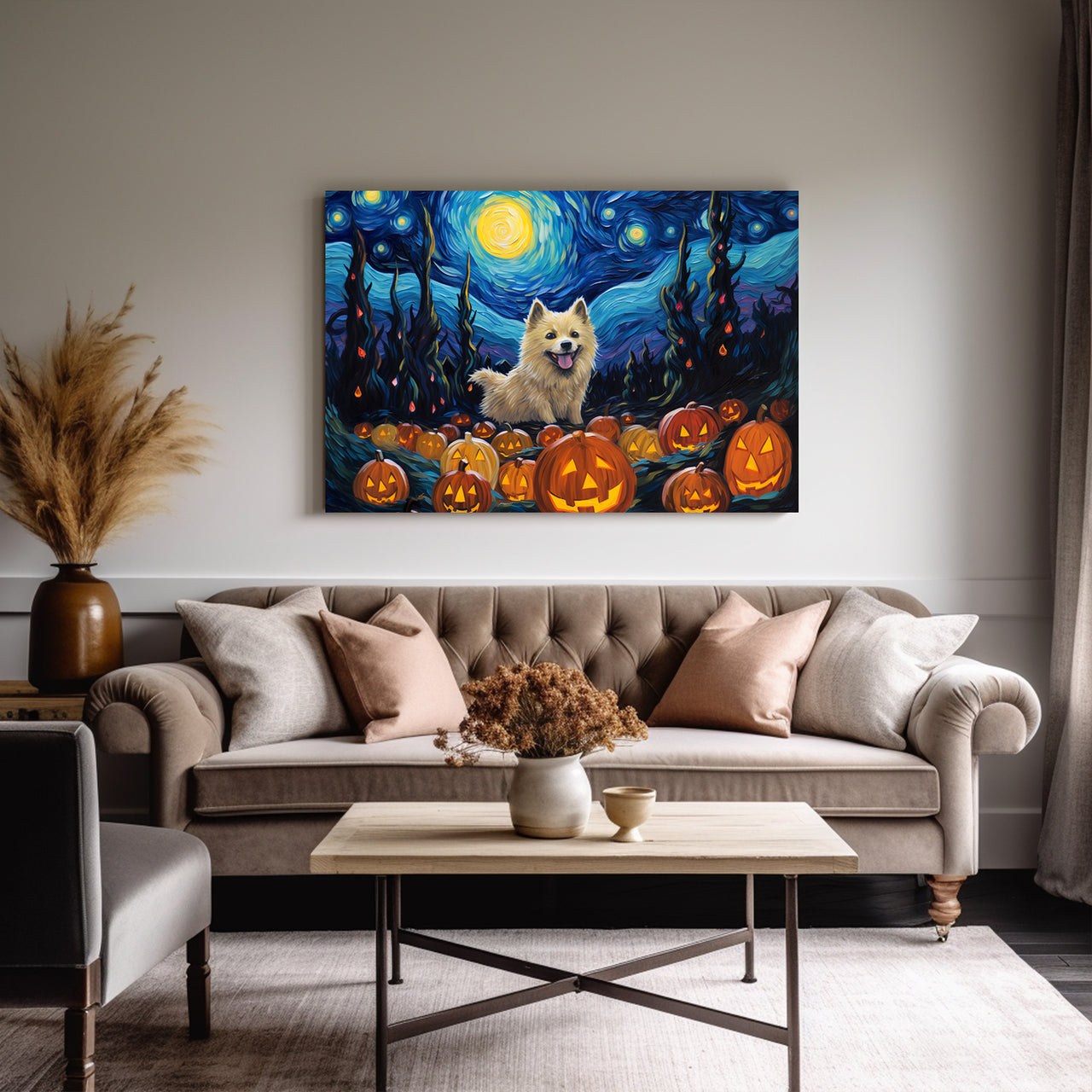 Norwegian Elkhounds Dog 01 Halloween With Pumpkin Oil Painting Van Goh Style, Wooden Canvas Prints Wall Art Painting , Canvas 3d Art