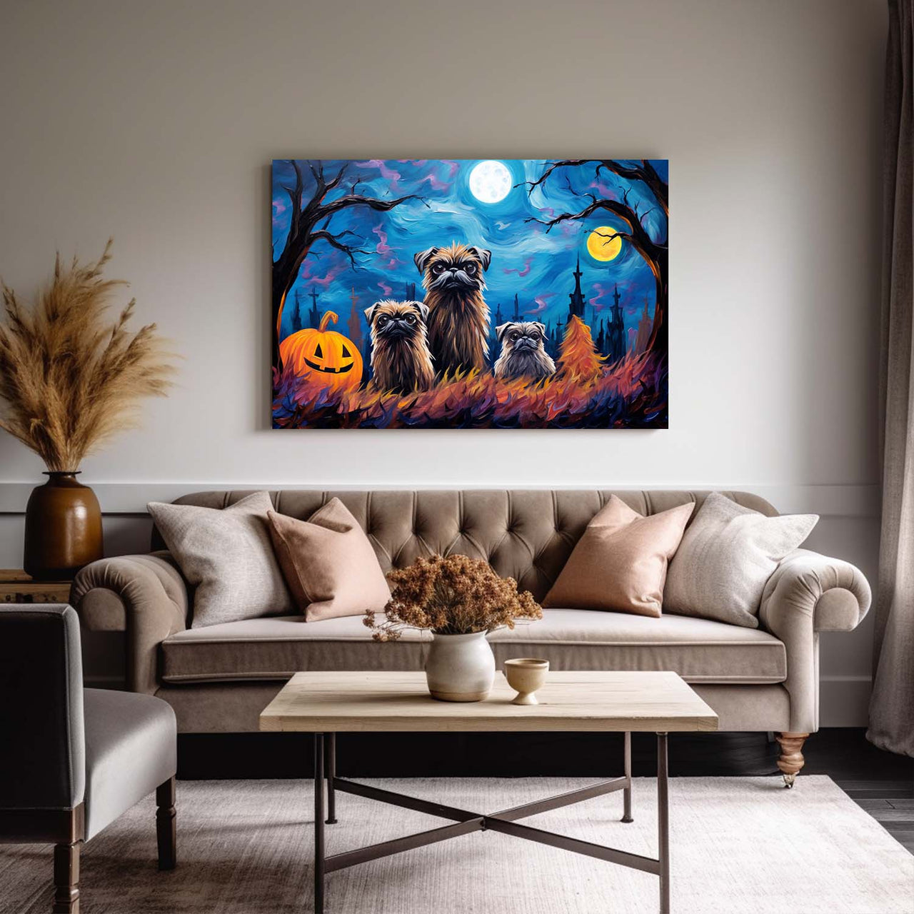 Brussels Griffons Dog 02 Halloween With Pumpkin Oil Painting Van Goh Style, Wooden Canvas Prints Wall Art Painting , Canvas 3d Art