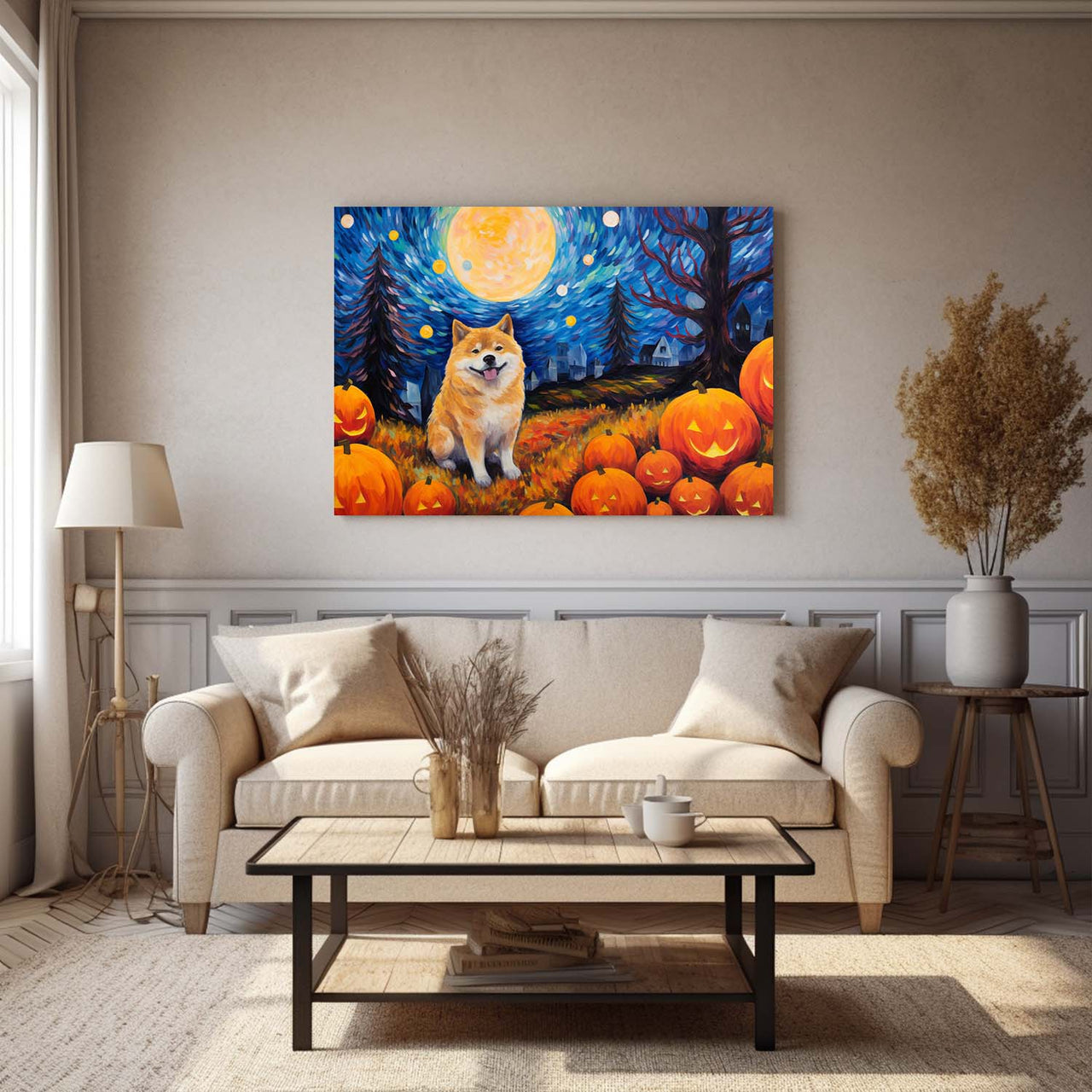 Akita Dog 02 Halloween With Pumpkin Oil Painting Van Goh Style, Wooden Canvas Prints Wall Art Painting , Canvas 3d Art
