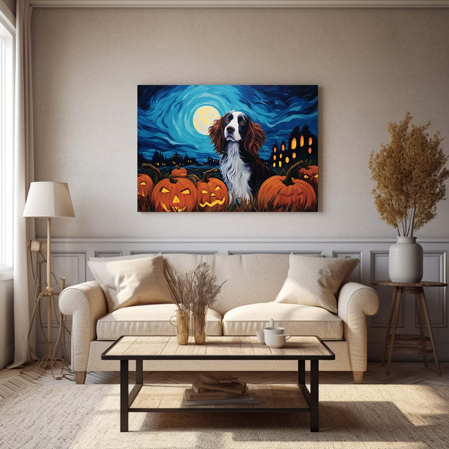 Irish Setters Dog 01 Halloween With Pumpkin Oil Painting Van Goh Style, Wooden Canvas Prints Wall Art Painting , Canvas 3d Art