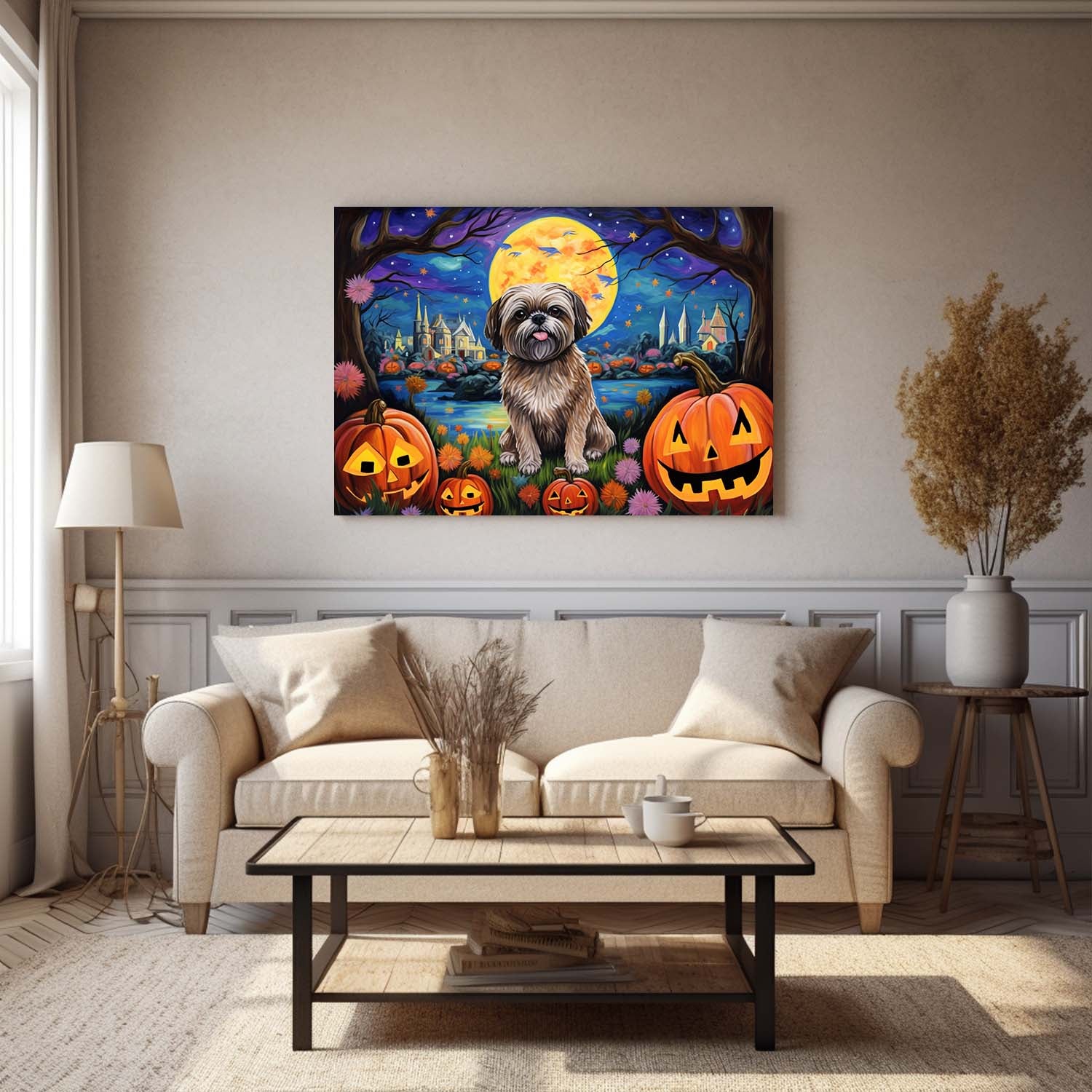 Lhasa Apsos Dog 01 Halloween With Pumpkin Oil Painting Van Goh Style, Wooden Canvas Prints Wall Art Painting , Canvas 3d Art