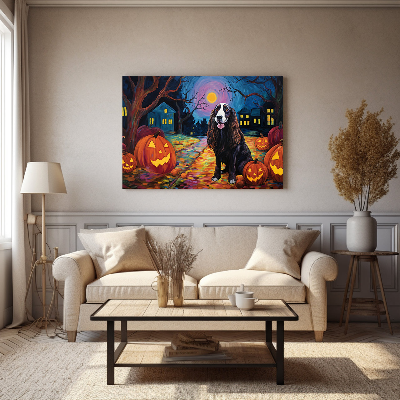 Gordon Setters Dog 02 Halloween With Pumpkin Oil Painting Van Goh Style, Wooden Canvas Prints Wall Art Painting , Canvas 3d Art