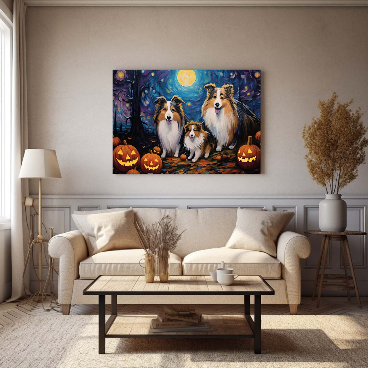 Shetland Sheepdogs Dog 01 Halloween With Pumpkin Oil Painting Van Goh Style, Wooden Canvas Prints Wall Art Painting , Canvas 3d Art