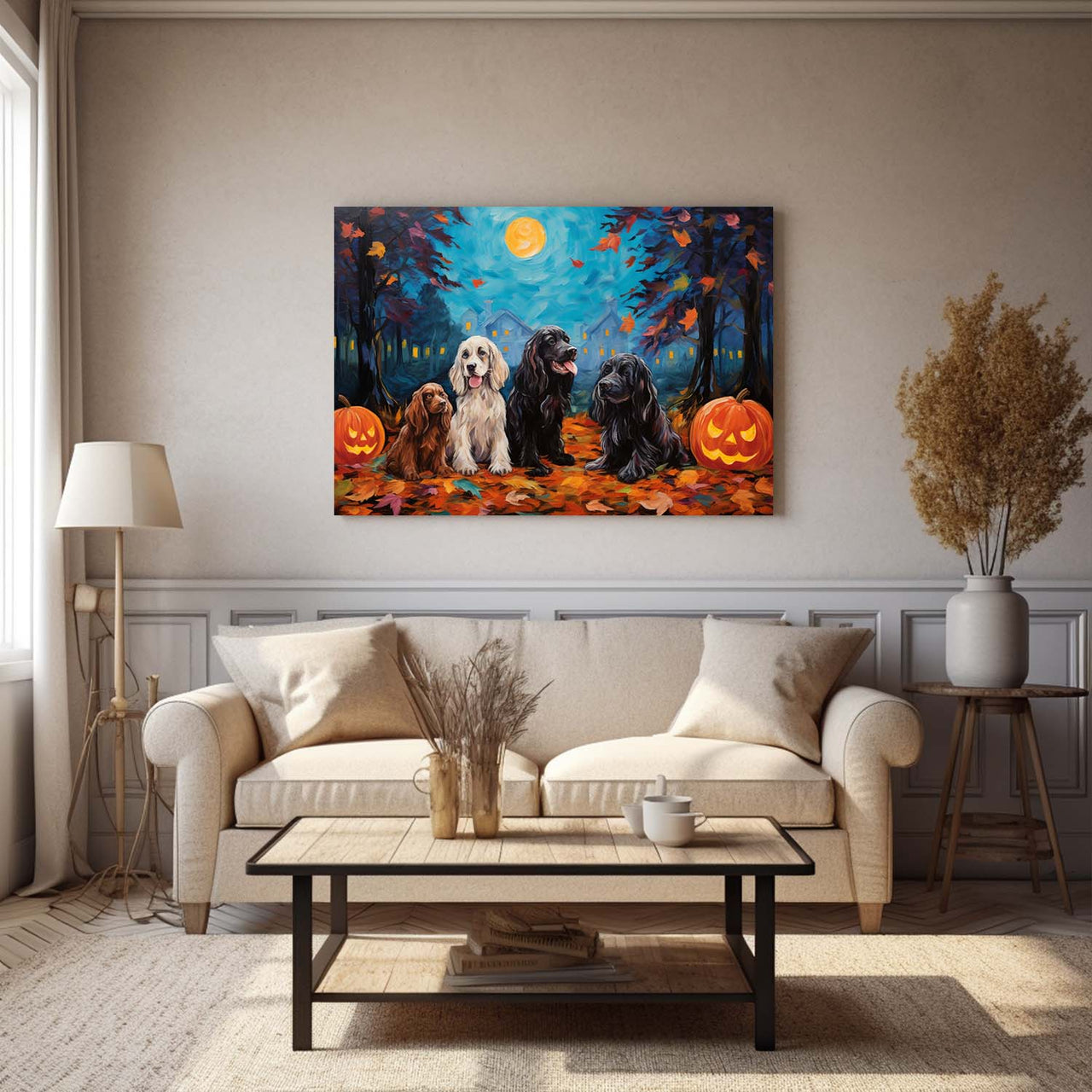 English Cocker Spaniels Dog Halloween With Pumpkin Oil Painting Van Goh Style, Wooden Canvas Prints Wall Art Painting , Canvas 3d Art