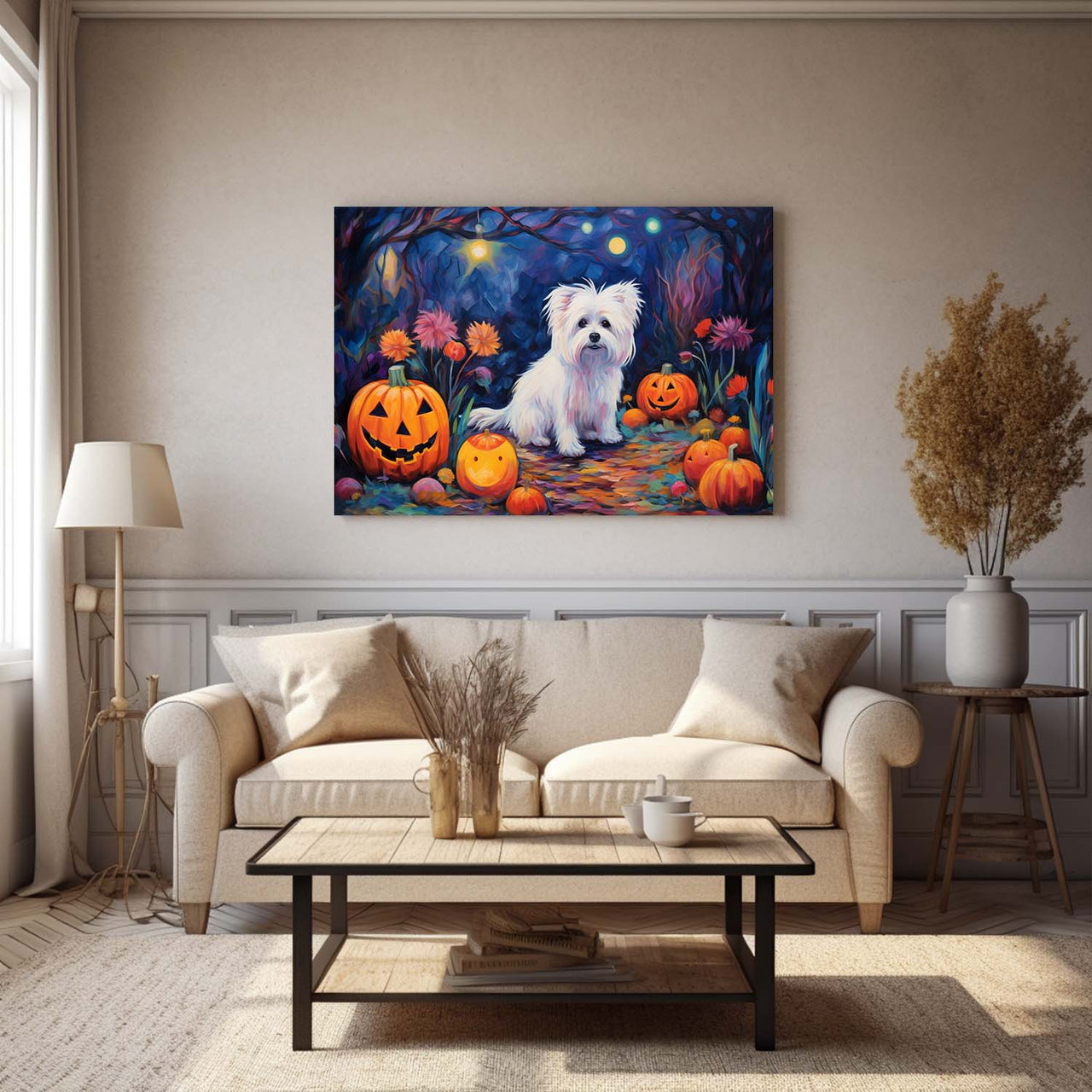 Maltese Dog 01 Halloween With Pumpkin Oil Painting Van Goh Style, Wooden Canvas Prints Wall Art Painting , Canvas 3d Art