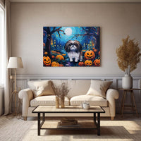 Thumbnail for Shih Tzu Dog 02 Halloween With Pumpkin Oil Painting Van Goh Style, Wooden Canvas Prints Wall Art Painting , Canvas 3d Art