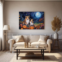 Thumbnail for Shetland Sheepdogs Dog 03 Halloween With Pumpkin Oil Painting Van Goh Style, Wooden Canvas Prints Wall Art Painting , Canvas 3d Art