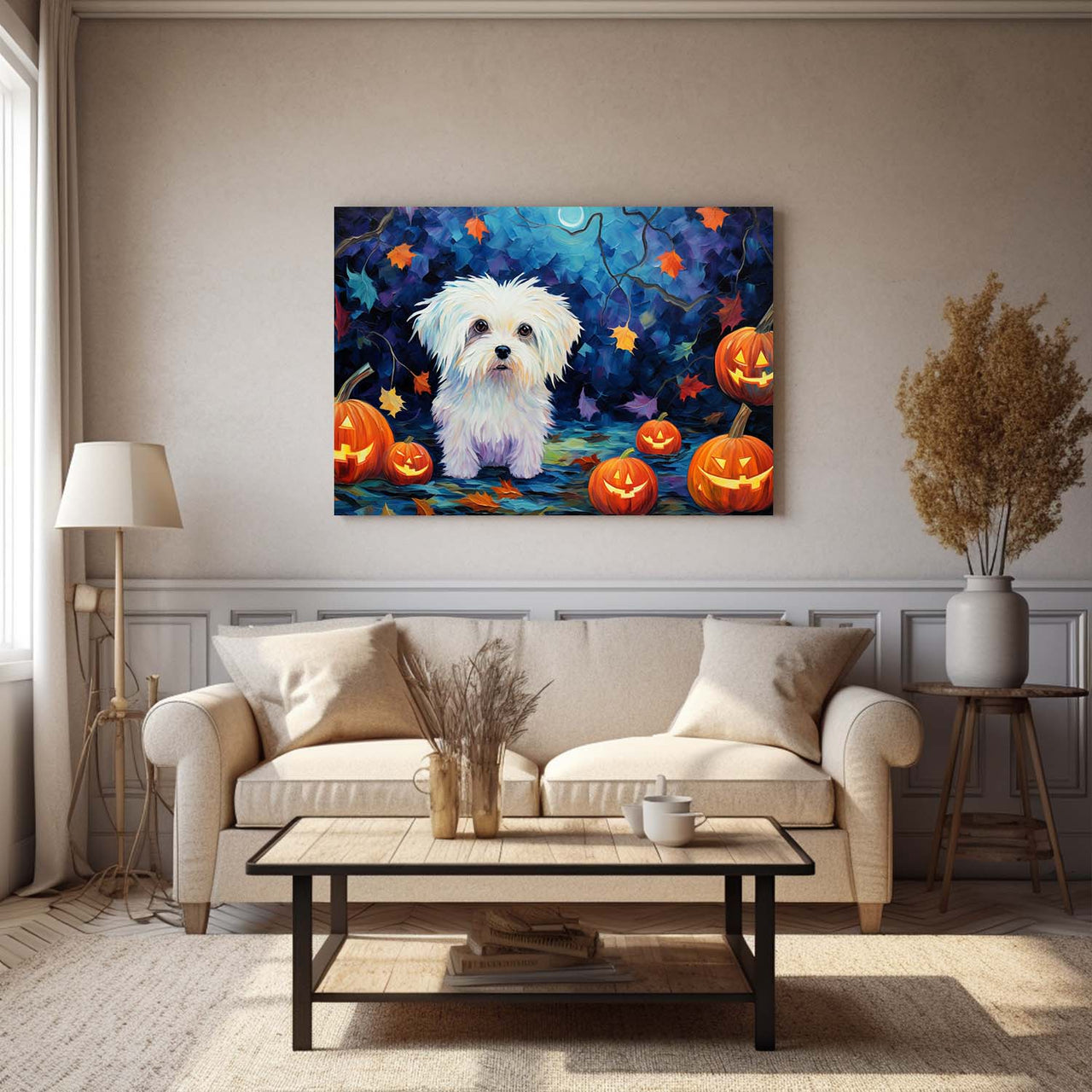 Maltese Dog 03 Halloween With Pumpkin Oil Painting Van Goh Style, Wooden Canvas Prints Wall Art Painting , Canvas 3d Art