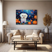 Thumbnail for Maltese Dog 03 Halloween With Pumpkin Oil Painting Van Goh Style, Wooden Canvas Prints Wall Art Painting , Canvas 3d Art