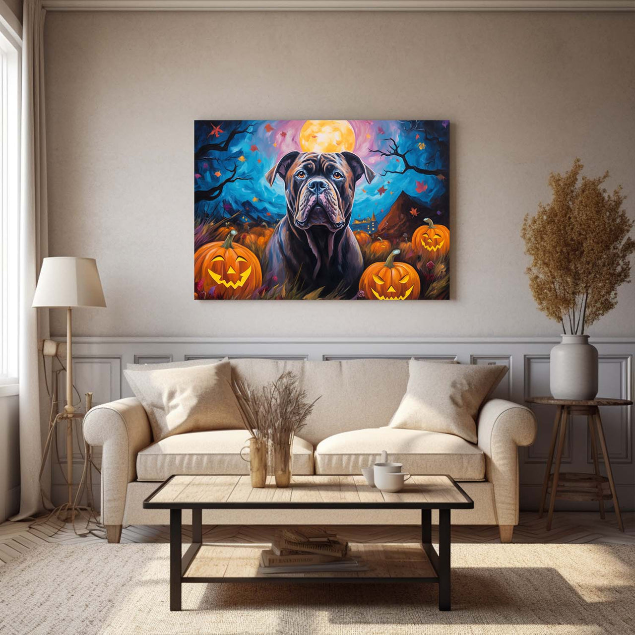 Cane Corso Dog 02 Halloween With Pumpkin Oil Painting Van Goh Style, Wooden Canvas Prints Wall Art Painting , Canvas 3d Art