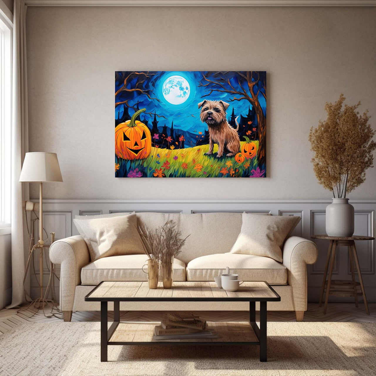 Border Terriers Dog Halloween With Pumpkin Oil Painting Van Goh Style, Wooden Canvas Prints Wall Art Painting , Canvas 3d Art