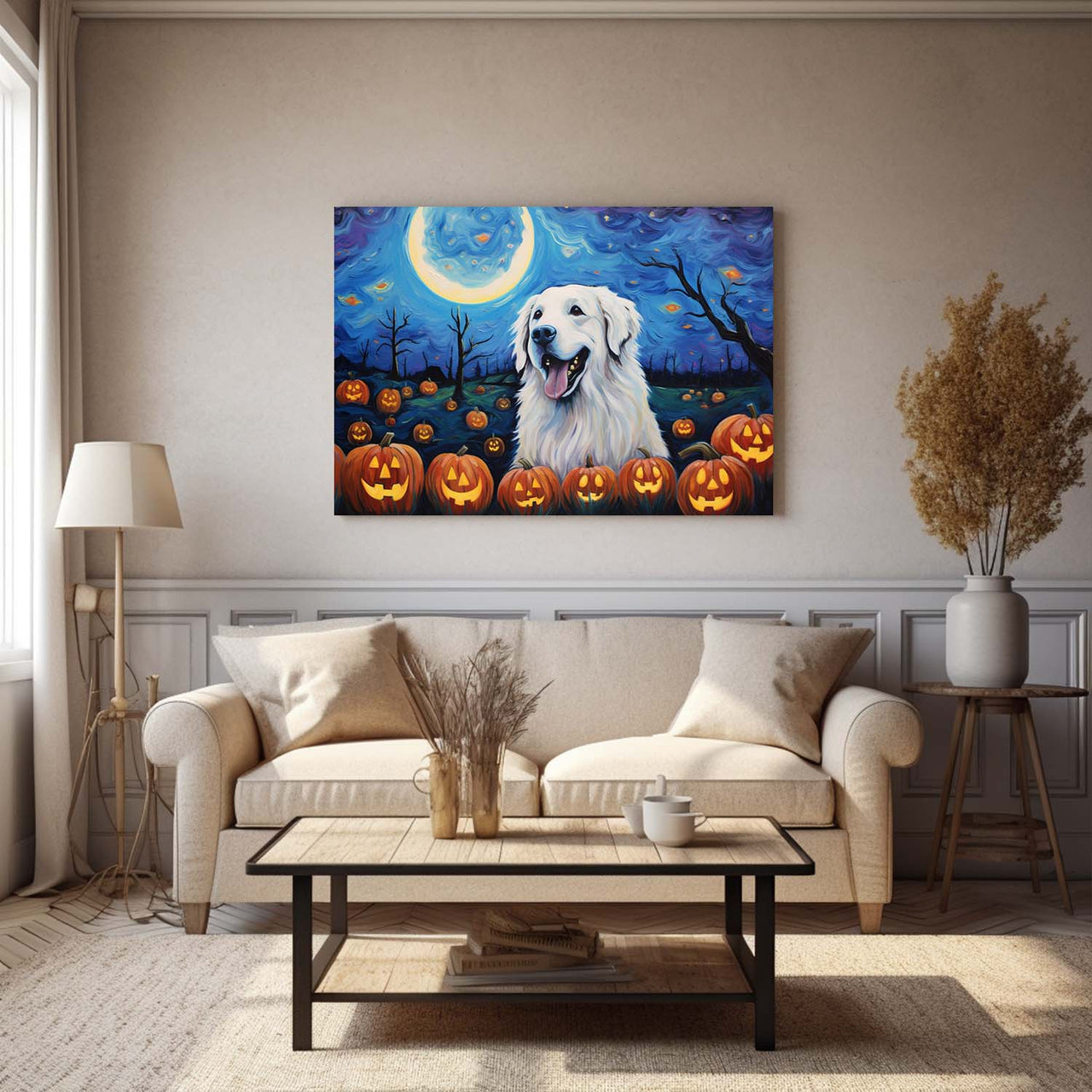 Great Pyrenees Dog 02 Halloween With Pumpkin Oil Painting Van Goh Style, Wooden Canvas Prints Wall Art Painting , Canvas 3d Art