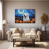 Thumbnail for Great Pyrenees Dog 02 Halloween With Pumpkin Oil Painting Van Goh Style, Wooden Canvas Prints Wall Art Painting , Canvas 3d Art