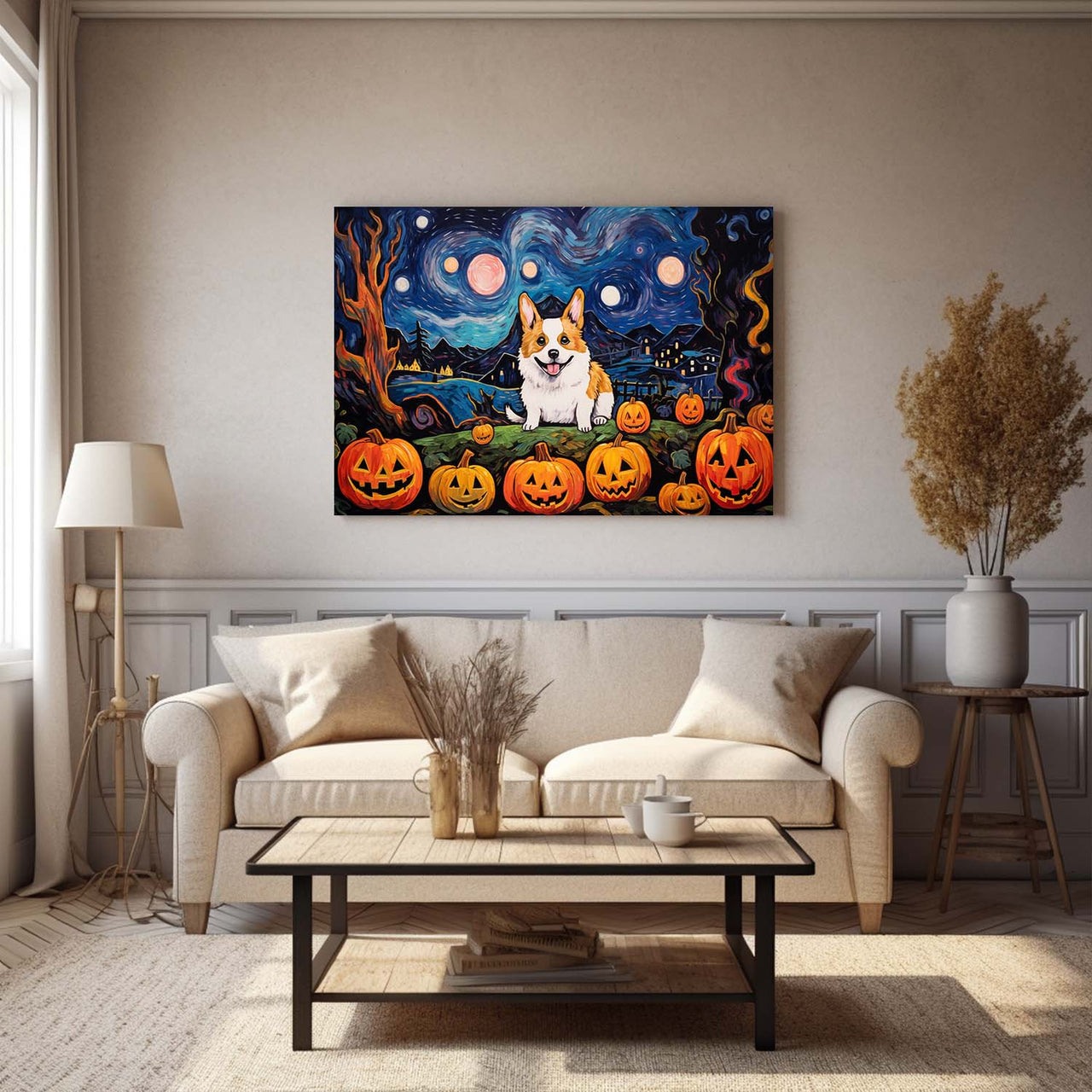 Cardigan Welsh Corgis Dog 01 Halloween With Pumpkin Oil Painting Van Goh Style, Wooden Canvas Prints Wall Art Painting , Canvas 3d Art