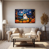 Thumbnail for Cardigan Welsh Corgis Dog 01 Halloween With Pumpkin Oil Painting Van Goh Style, Wooden Canvas Prints Wall Art Painting , Canvas 3d Art