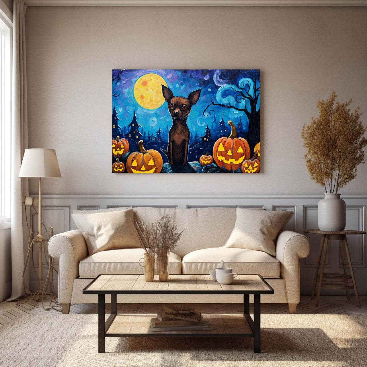 Miniature Pinschers Dog 01 Halloween With Pumpkin Oil Painting Van Goh Style, Wooden Canvas Prints Wall Art Painting , Canvas 3d Art