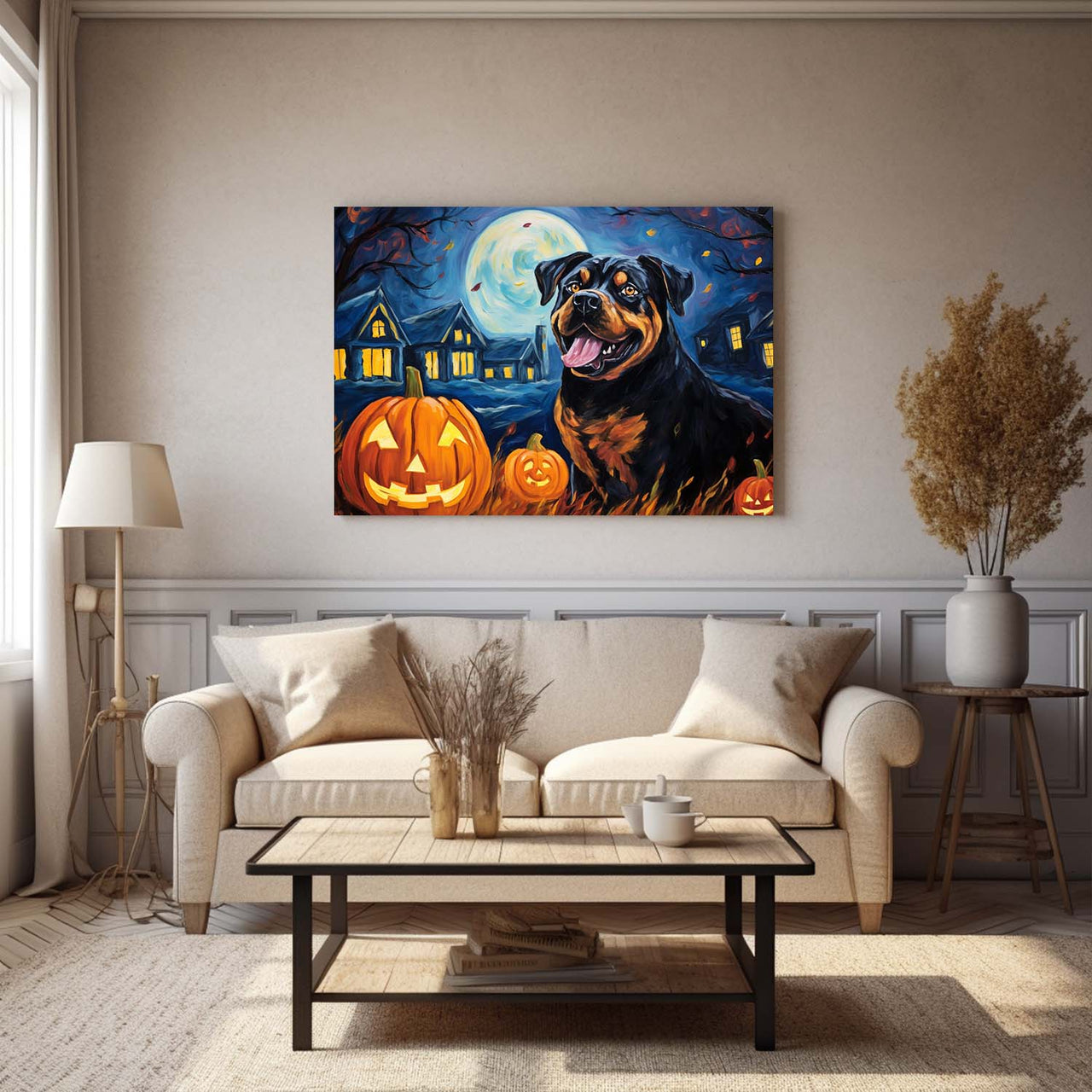 Rottweiler Dog 01 Halloween With Pumpkin Oil Painting Van Goh Style, Wooden Canvas Prints Wall Art Painting , Canvas 3d Art