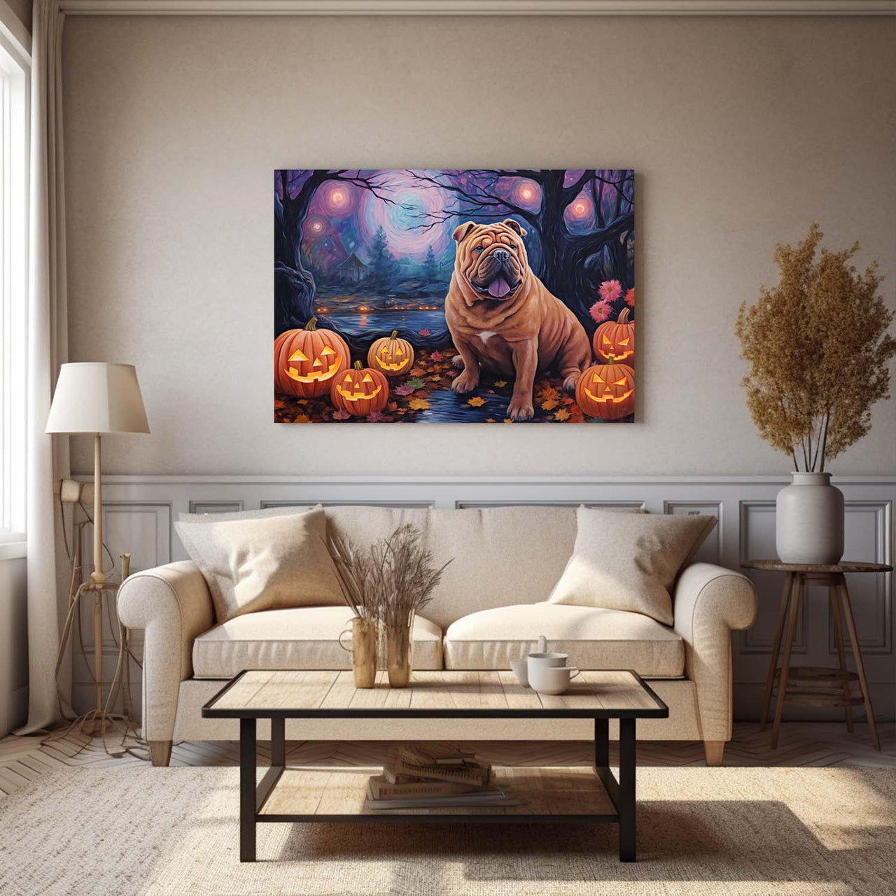 Chinese Shar-Pei Dog Halloween With Pumpkin Oil Painting Van Goh Style, Wooden Canvas Prints Wall Art Painting , Canvas 3d Art