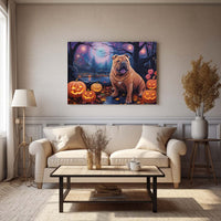 Thumbnail for Chinese Shar-Pei Dog Halloween With Pumpkin Oil Painting Van Goh Style, Wooden Canvas Prints Wall Art Painting , Canvas 3d Art