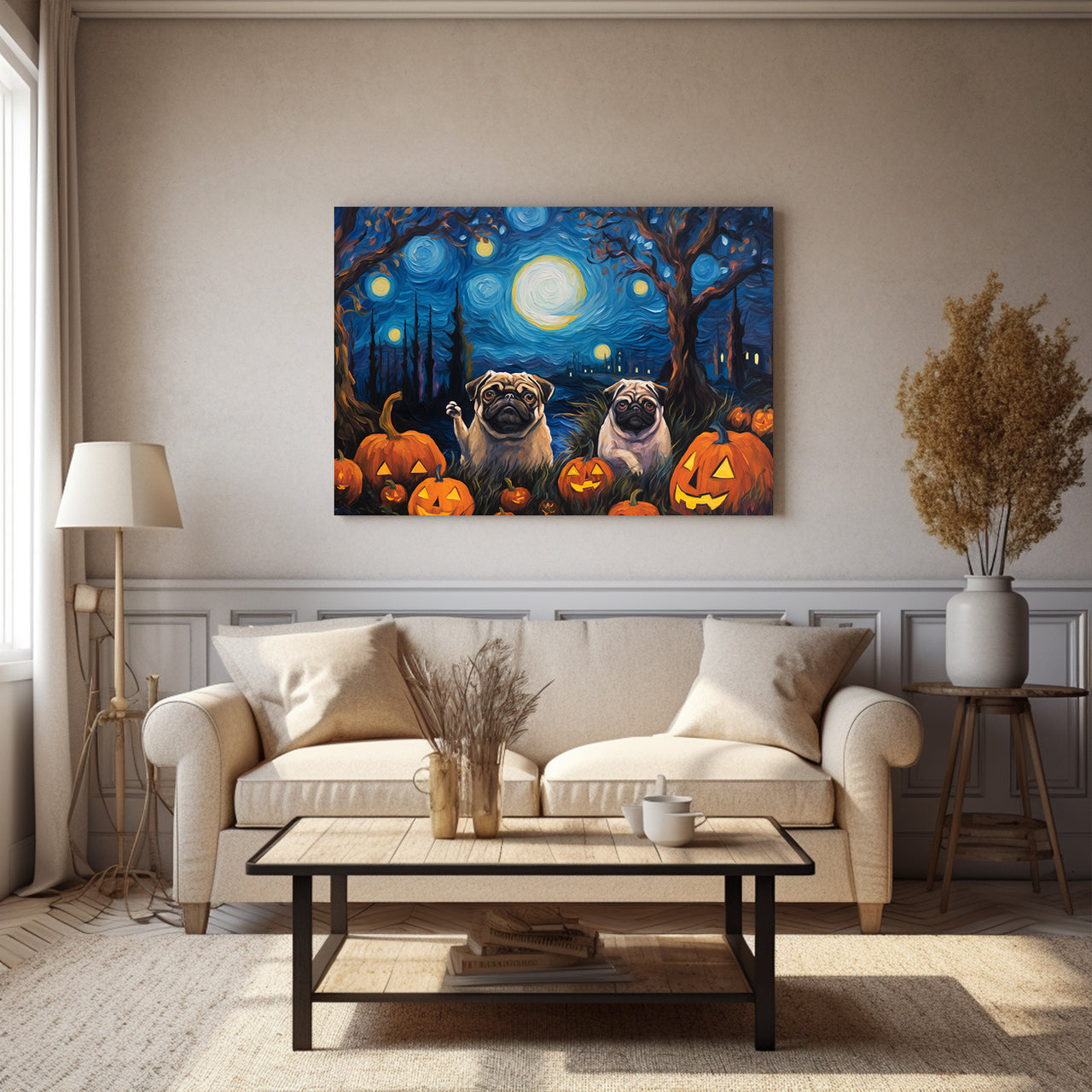 Pug Dog Halloween With Pumpkin Oil Painting Van Goh Style, Wooden Canvas Prints Wall Art Painting , Canvas 3d Art