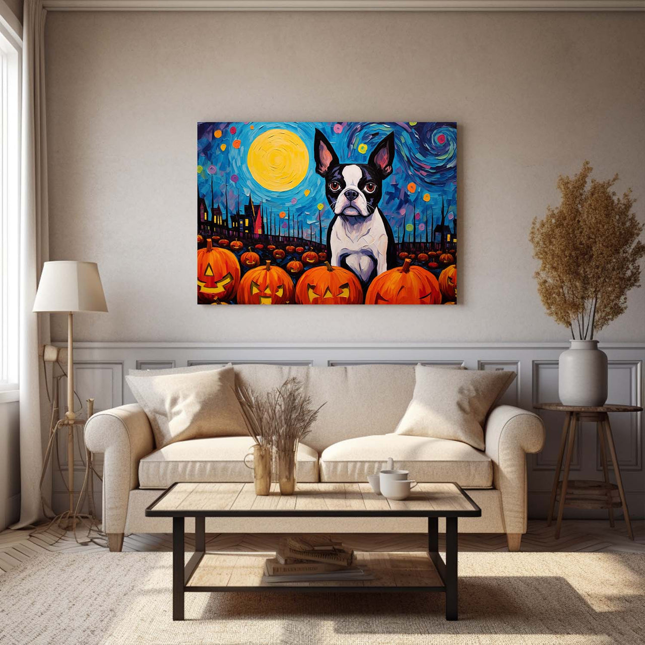 Boston Terriers Dog 01 Halloween With Pumpkin Oil Painting Van Goh Style, Wooden Canvas Prints Wall Art Painting , Canvas 3d Art
