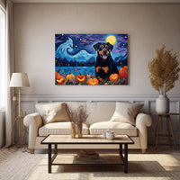 Thumbnail for Rottweiler Dog 02 Halloween With Pumpkin Oil Painting Van Goh Style, Wooden Canvas Prints Wall Art Painting , Canvas 3d Art