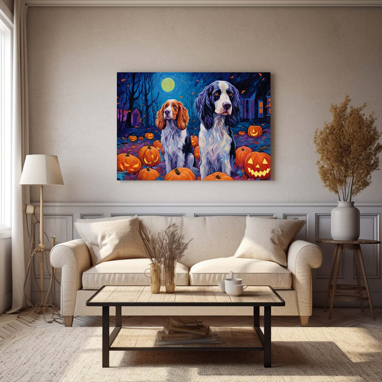 English Setters Dog 01 Halloween With Pumpkin Oil Painting Van Goh Style, Wooden Canvas Prints Wall Art Painting , Canvas 3d Art