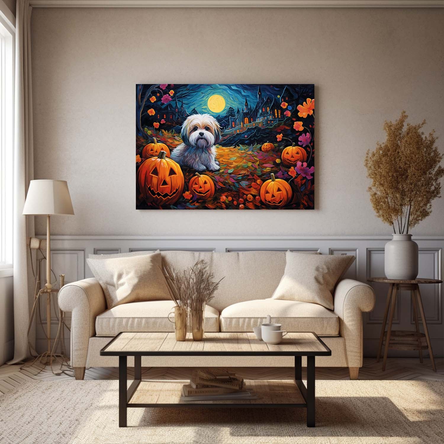 Lhasa Apsos Dog 02 Halloween With Pumpkin Oil Painting Van Goh Style, Wooden Canvas Prints Wall Art Painting , Canvas 3d Art