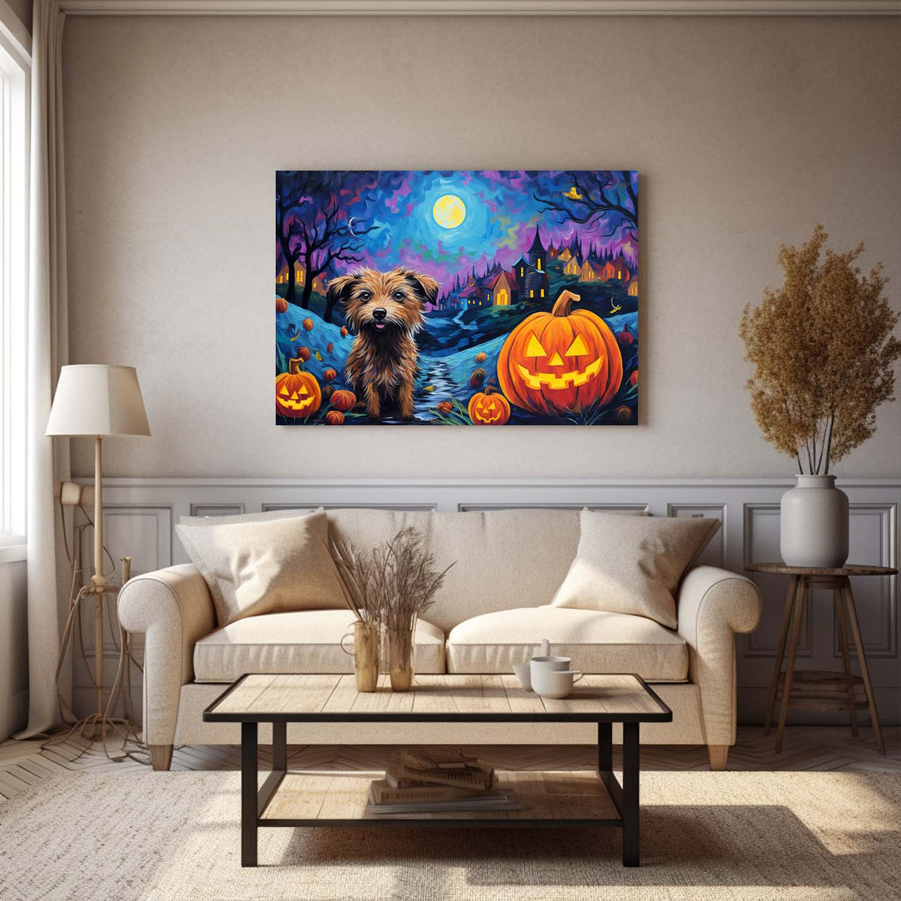 Chinese Cresteds Dog Halloween With Pumpkin Oil Painting Van Goh Style, Wooden Canvas Prints Wall Art Painting , Canvas 3d Art