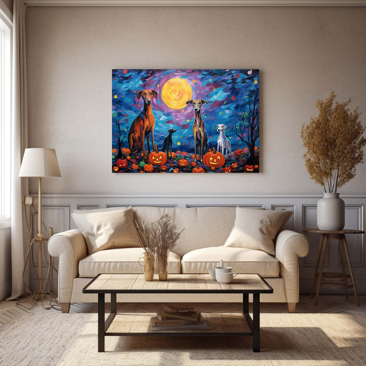 Whippets Dog Halloween With Pumpkin Oil Painting Van Goh Style, Wooden Canvas Prints Wall Art Painting , Canvas 3d Art