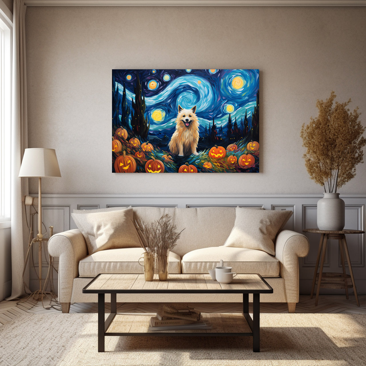 Norwegian Elkhounds Dog 02 Halloween With Pumpkin Oil Painting Van Goh Style, Wooden Canvas Prints Wall Art Painting , Canvas 3d Art