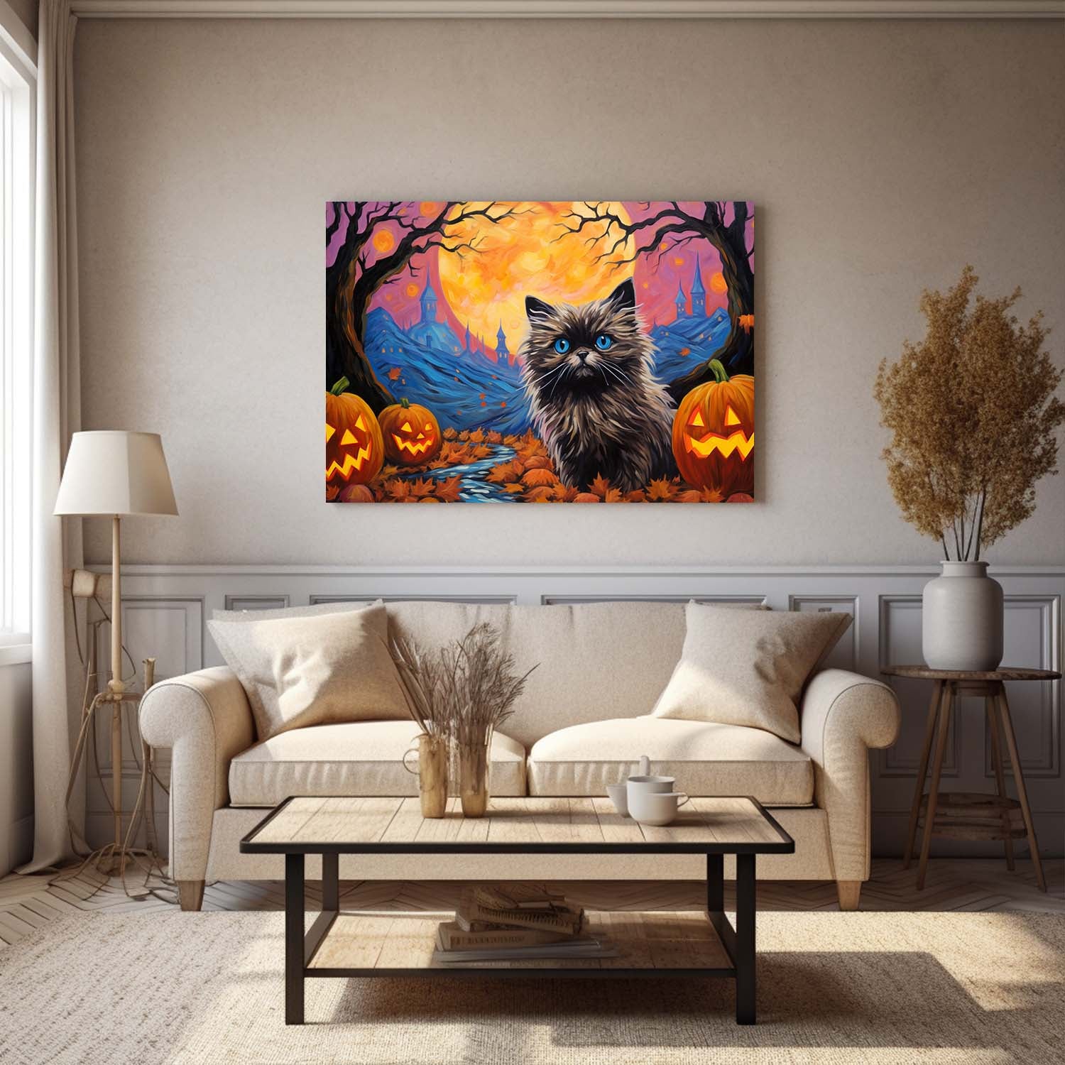 Keeshonden Dog 01 Halloween With Pumpkin Oil Painting Van Goh Style, Wooden Canvas Prints Wall Art Painting , Canvas 3d Art