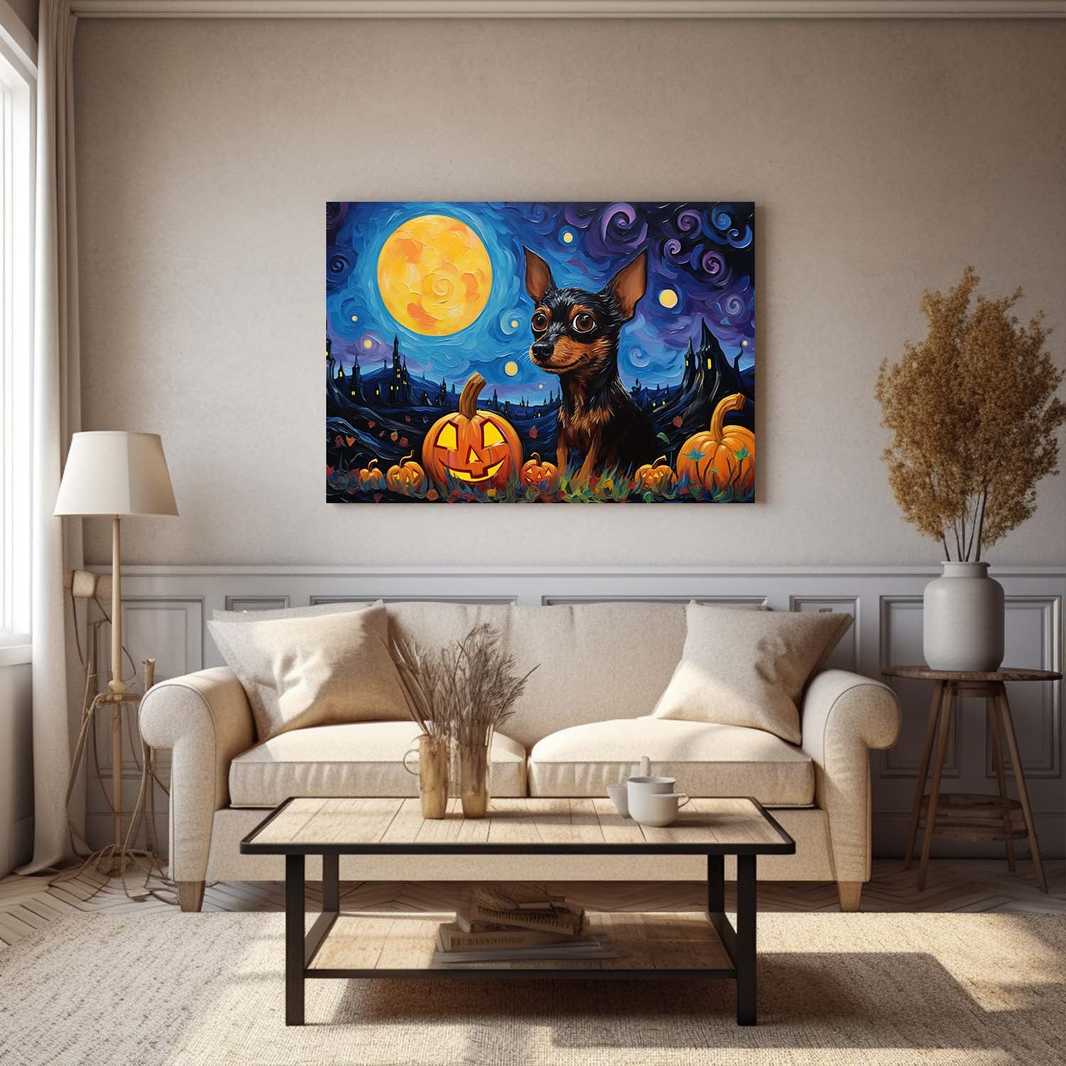 Miniature Pinschers Dog 02 Halloween With Pumpkin Oil Painting Van Goh Style, Wooden Canvas Prints Wall Art Painting , Canvas 3d Art