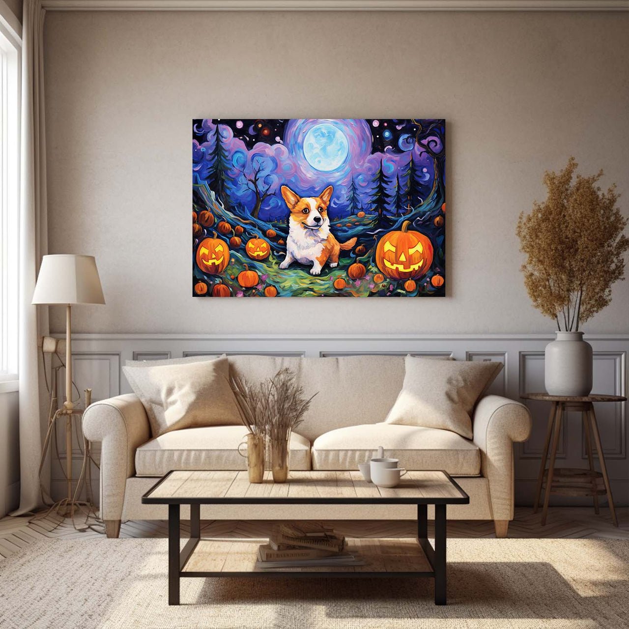 Cardigan Welsh Corgis Dog 02 Halloween With Pumpkin Oil Painting Van Goh Style, Wooden Canvas Prints Wall Art Painting , Canvas 3d Art