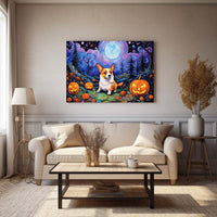 Thumbnail for Cardigan Welsh Corgis Dog 02 Halloween With Pumpkin Oil Painting Van Goh Style, Wooden Canvas Prints Wall Art Painting , Canvas 3d Art