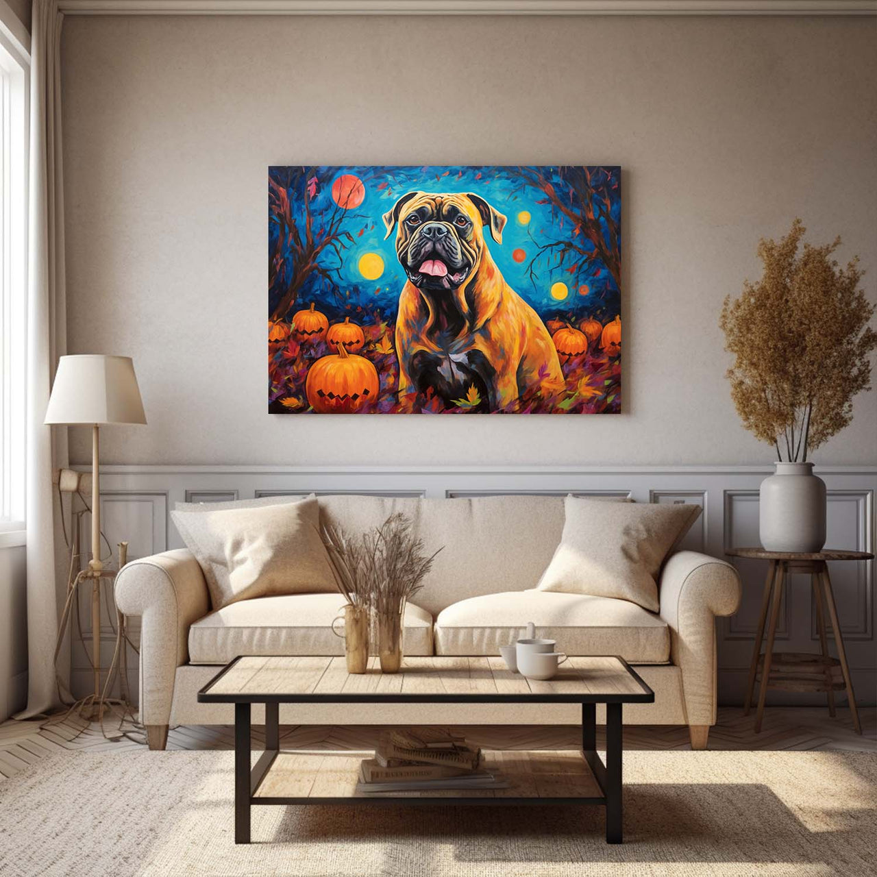 Cane Corso Dog 01 Halloween With Pumpkin Oil Painting Van Goh Style, Wooden Canvas Prints Wall Art Painting , Canvas 3d Art