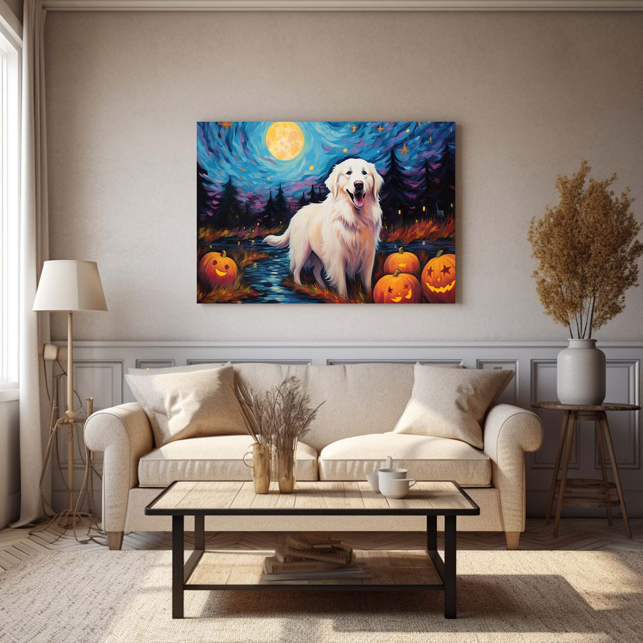 Great Pyrenees Dog 01 Halloween With Pumpkin Oil Painting Van Goh Style, Wooden Canvas Prints Wall Art Painting , Canvas 3d Art