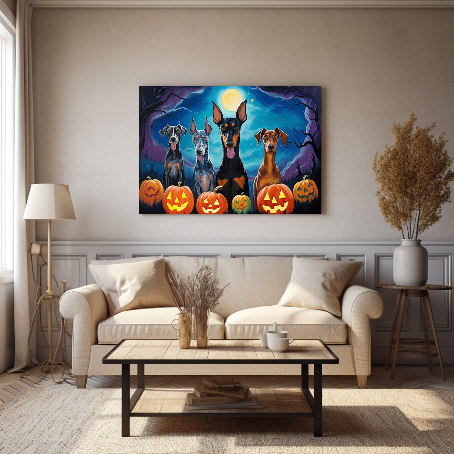 Doberman Pinschers Dogs Halloween With Pumpkin Oil Painting Van Goh Style, Wooden Canvas Prints Wall Art Painting , Canvas 3d Art
