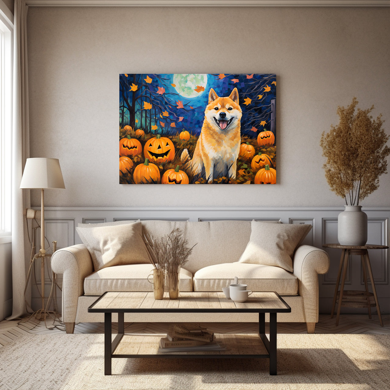 Shiba Inu Dog Halloween With Pumpkin Oil Painting Van Goh Style, Wooden Canvas Prints Wall Art Painting , Canvas 3d Art