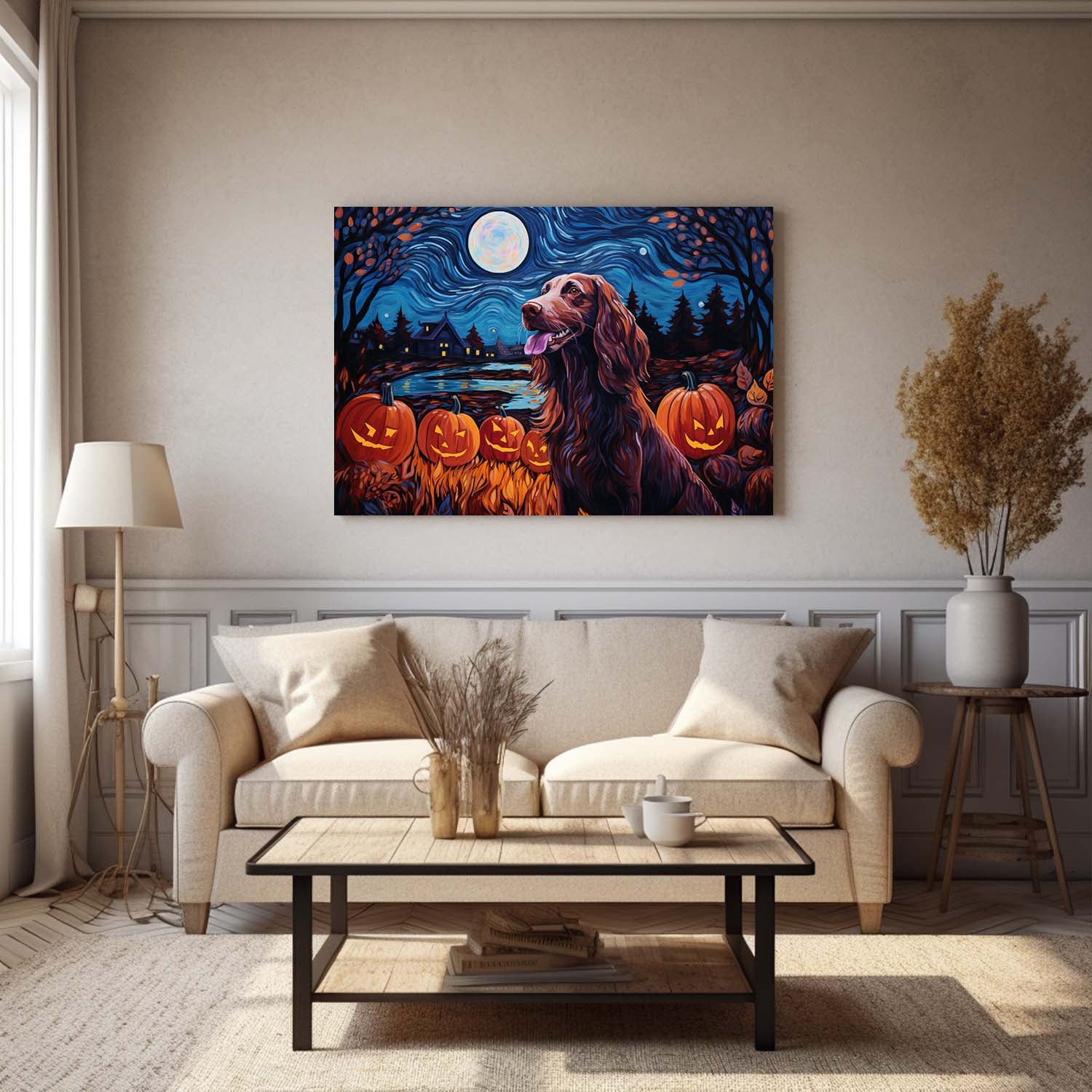 Irish Setters Dog 01 Halloween With Pumpkin Oil Painting Van Goh Style, Wooden Canvas Prints Wall Art Painting , Canvas 3d Art