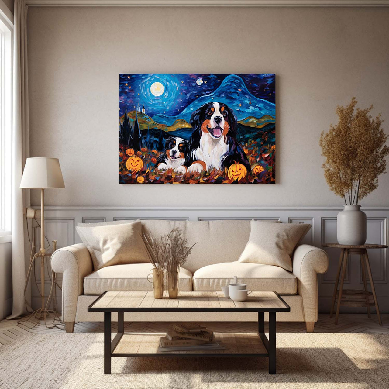 Bernese Mountain Dog 04 Halloween With Pumpkin Oil Painting Van Goh Style, Wooden Canvas Prints Wall Art Painting , Canvas 3d Art