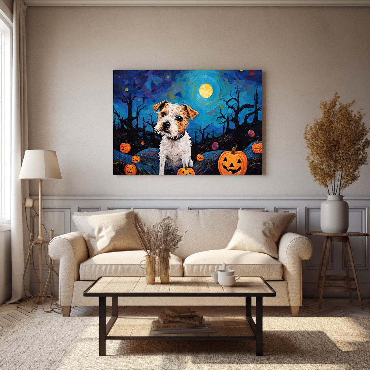 Russell Terriers Dog Halloween With Pumpkin Oil Painting Van Goh Style, Wooden Canvas Prints Wall Art Painting , Canvas 3d Art
