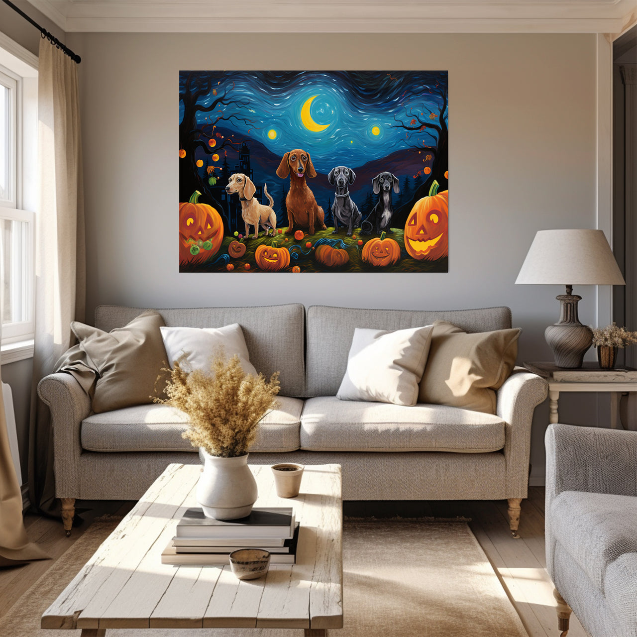 Dachshunds Dogs Halloween With Pumpkin Oil Painting Van Goh Style, Wooden Canvas Prints Wall Art Painting , Canvas 3d Art