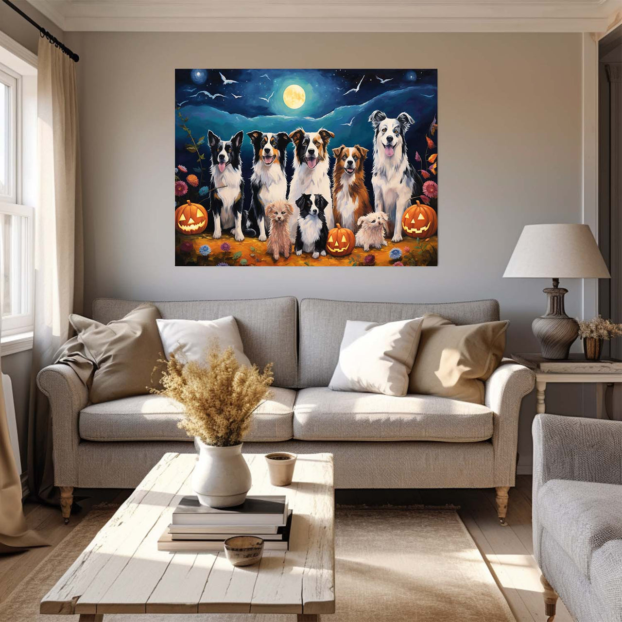 Miniature American Shepherds Dog 02 Halloween With Pumpkin Oil Painting Van Goh Style, Wooden Canvas Prints Wall Art Painting , Canvas 3d Art