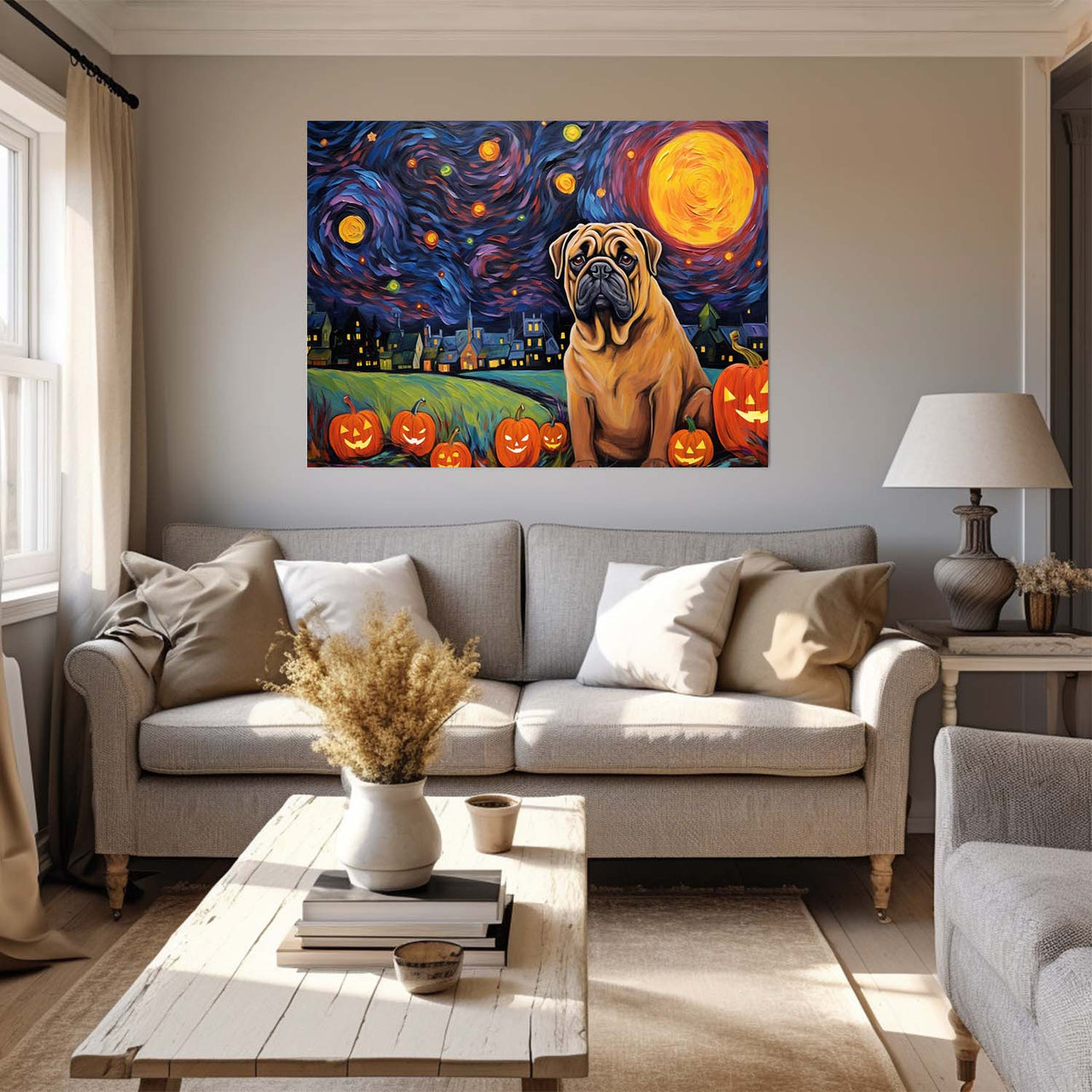 Mastiffs Dog Halloween With Pumpkin Oil Painting Van Goh Style, Wooden Canvas Prints Wall Art Painting , Canvas 3d Art