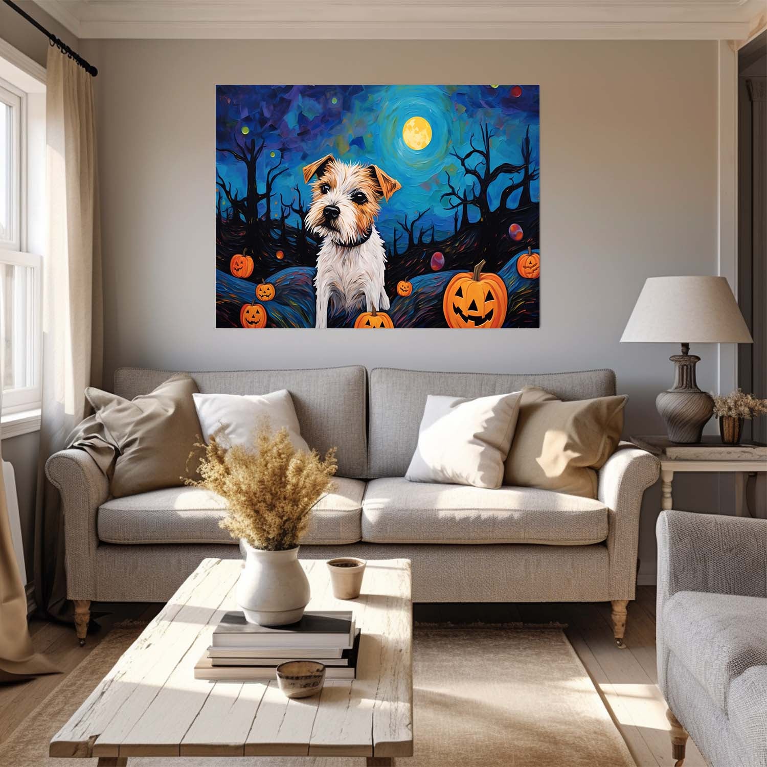 Russell Terriers Dog Halloween With Pumpkin Oil Painting Van Goh Style, Wooden Canvas Prints Wall Art Painting , Canvas 3d Art